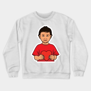 Cute Boy Holding Heart with Showing Emotion Sticker design vector illustration. People holiday icon concept. People holding hearts. People expressing love concept. Crewneck Sweatshirt